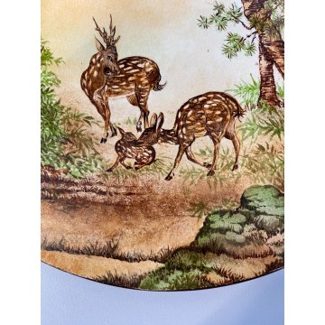 PIATTO DECORATIVO PARATA CERAMICA SCENA NATURALISTICA CERVO CERBIATTI BOSCO ø 41