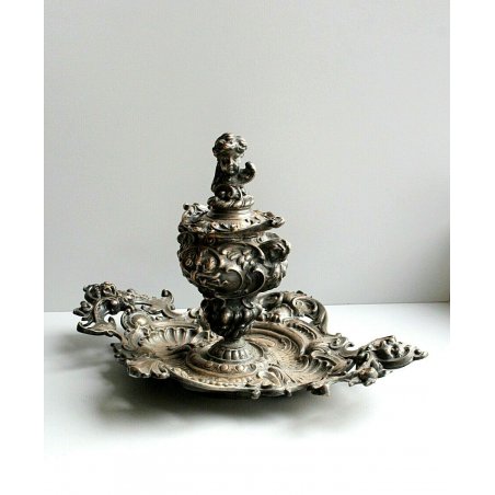 ANTICO CALAMIO METALLO ARGENTATO BAROCCO PUTTO GUFI MASCHERONI FINE '800