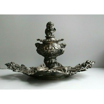 ANTICO CALAMIO METALLO ARGENTATO BAROCCO PUTTO GUFI MASCHERONI FINE '800