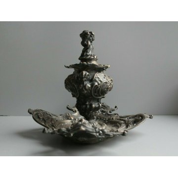 ANTICO CALAMIO METALLO ARGENTATO BAROCCO PUTTO GUFI MASCHERONI FINE '800