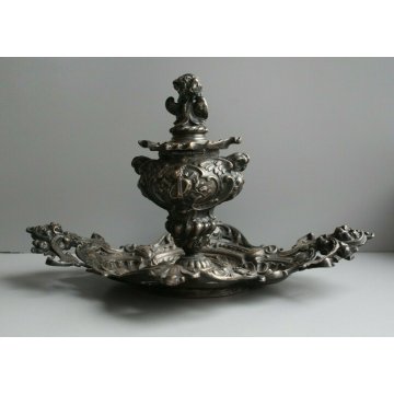ANTICO CALAMIO METALLO ARGENTATO BAROCCO PUTTO GUFI MASCHERONI FINE '800