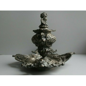 ANTICO CALAMIO METALLO ARGENTATO BAROCCO PUTTO GUFI MASCHERONI FINE '800
