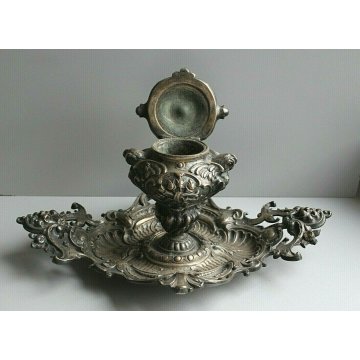 ANTICO CALAMIO METALLO ARGENTATO BAROCCO PUTTO GUFI MASCHERONI FINE '800