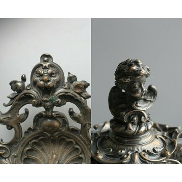 ANTICO CALAMIO METALLO ARGENTATO BAROCCO PUTTO GUFI MASCHERONI FINE '800