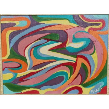 DIPINTO ASTRATTO OLIO su TELA Franco Pulacini PSICHEDELICO forme ARONA 1998