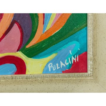 DIPINTO ASTRATTO OLIO su TELA Franco Pulacini PSICHEDELICO forme ARONA 1998