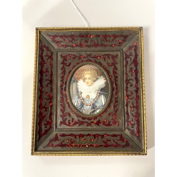 ANTICA MINIATURA ritratto NOBILDONNA CORNICE VITTORIANA INTARSIATA