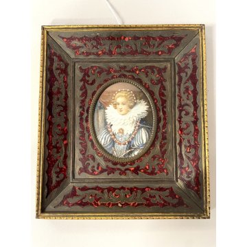 ANTICA MINIATURA ritratto NOBILDONNA CORNICE VITTORIANA INTARSIATA