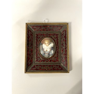 ANTICA MINIATURA ritratto NOBILDONNA CORNICE VITTORIANA INTARSIATA