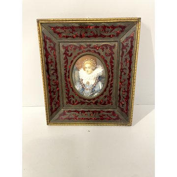 ANTICA MINIATURA ritratto NOBILDONNA CORNICE VITTORIANA INTARSIATA