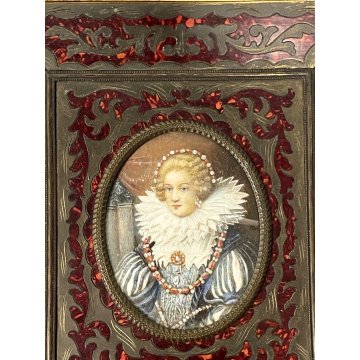 ANTICA MINIATURA ritratto NOBILDONNA CORNICE VITTORIANA INTARSIATA