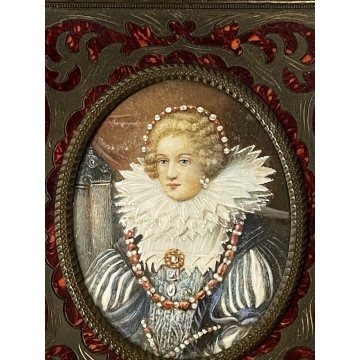 ANTICA MINIATURA ritratto NOBILDONNA CORNICE VITTORIANA INTARSIATA