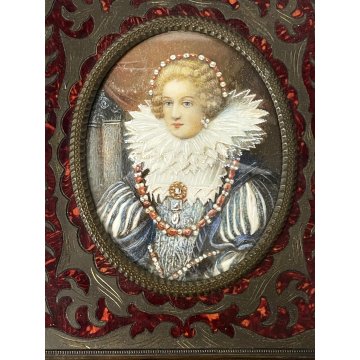 ANTICA MINIATURA ritratto NOBILDONNA CORNICE VITTORIANA INTARSIATA