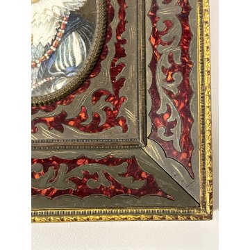 ANTICA MINIATURA ritratto NOBILDONNA CORNICE VITTORIANA INTARSIATA