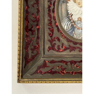 ANTICA MINIATURA ritratto NOBILDONNA CORNICE VITTORIANA INTARSIATA