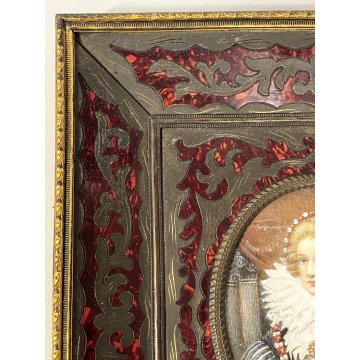 ANTICA MINIATURA ritratto NOBILDONNA CORNICE VITTORIANA INTARSIATA
