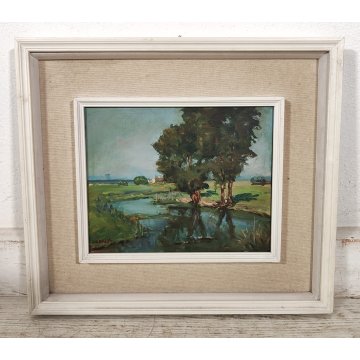 ANTICO QUADRO DIPINTO olio tavola Zapedro PAESAGGIO CAMPAGNA alberi lago FIUME