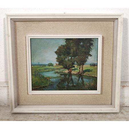 ANTICO QUADRO DIPINTO olio tavola Zapedro PAESAGGIO CAMPAGNA alberi lago FIUME