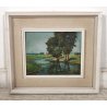 ANTICO QUADRO DIPINTO olio tavola Zapedro PAESAGGIO CAMPAGNA alberi lago FIUME