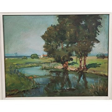 ANTICO QUADRO DIPINTO olio tavola Zapedro PAESAGGIO CAMPAGNA alberi lago FIUME