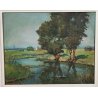 ANTICO QUADRO DIPINTO olio tavola Zapedro PAESAGGIO CAMPAGNA alberi lago FIUME