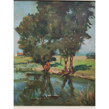 ANTICO QUADRO DIPINTO olio tavola Zapedro PAESAGGIO CAMPAGNA alberi lago FIUME