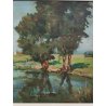 ANTICO QUADRO DIPINTO olio tavola Zapedro PAESAGGIO CAMPAGNA alberi lago FIUME