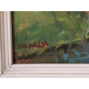 ANTICO QUADRO DIPINTO olio tavola Zapedro PAESAGGIO CAMPAGNA alberi lago FIUME