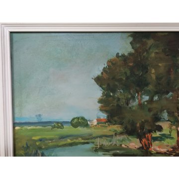 ANTICO QUADRO DIPINTO olio tavola Zapedro PAESAGGIO CAMPAGNA alberi lago FIUME