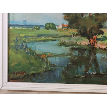 ANTICO QUADRO DIPINTO olio tavola Zapedro PAESAGGIO CAMPAGNA alberi lago FIUME