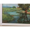 ANTICO QUADRO DIPINTO olio tavola Zapedro PAESAGGIO CAMPAGNA alberi lago FIUME