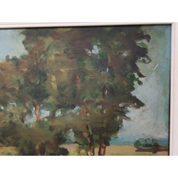 ANTICO QUADRO DIPINTO olio tavola Zapedro PAESAGGIO CAMPAGNA alberi lago FIUME
