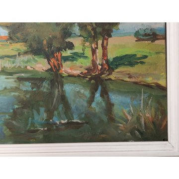 ANTICO QUADRO DIPINTO olio tavola Zapedro PAESAGGIO CAMPAGNA alberi lago FIUME