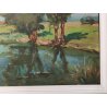 ANTICO QUADRO DIPINTO olio tavola Zapedro PAESAGGIO CAMPAGNA alberi lago FIUME