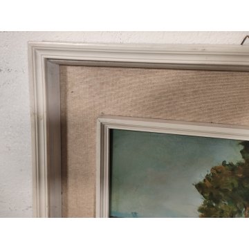 ANTICO QUADRO DIPINTO olio tavola Zapedro PAESAGGIO CAMPAGNA alberi lago FIUME