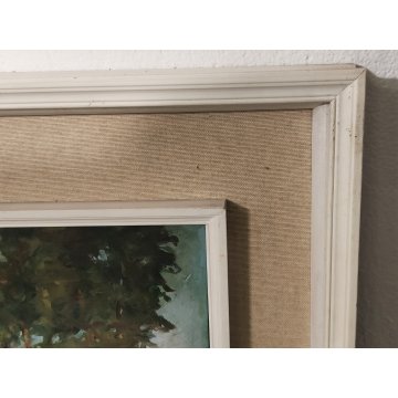 ANTICO QUADRO DIPINTO olio tavola Zapedro PAESAGGIO CAMPAGNA alberi lago FIUME