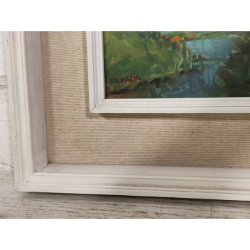 ANTICO QUADRO DIPINTO olio tavola Zapedro PAESAGGIO CAMPAGNA alberi lago FIUME