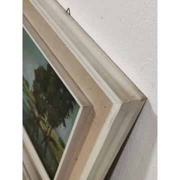 ANTICO QUADRO DIPINTO olio tavola Zapedro PAESAGGIO CAMPAGNA alberi lago FIUME