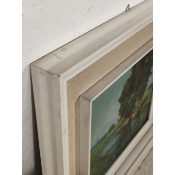 ANTICO QUADRO DIPINTO olio tavola Zapedro PAESAGGIO CAMPAGNA alberi lago FIUME