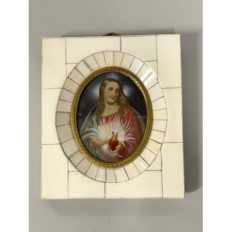 ANTICA MINIATURA RITRATTO GESU sacro cuore CRISTO firmato PREZIOSA CORNICE