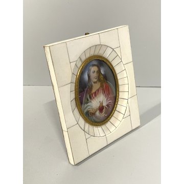 ANTICA MINIATURA RITRATTO GESU sacro cuore CRISTO firmato PREZIOSA CORNICE
