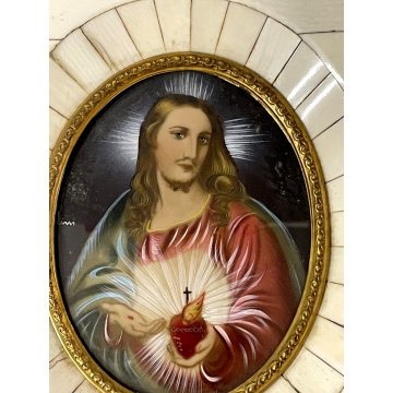 ANTICA MINIATURA RITRATTO GESU sacro cuore CRISTO firmato PREZIOSA CORNICE