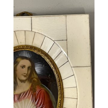ANTICA MINIATURA RITRATTO GESU sacro cuore CRISTO firmato PREZIOSA CORNICE