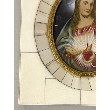 ANTICA MINIATURA RITRATTO GESU sacro cuore CRISTO firmato PREZIOSA CORNICE
