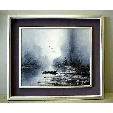 QUADRO DIPINTO OLIO TELA Massimo Cavallari SULLA RIVA PAESAGGIO BARCA NEBBIA '75