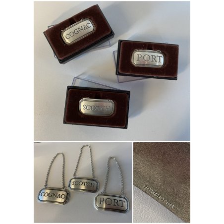 SET 3 ETICHETTE VINTAGE BAR CRYSTAL DECANTER LABELS SCOTCH COGNAC PORT PELTRO