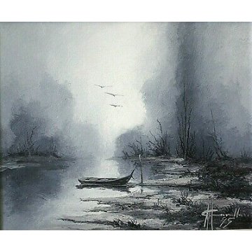 QUADRO DIPINTO OLIO TELA Massimo Cavallari SULLA RIVA PAESAGGIO BARCA NEBBIA '75