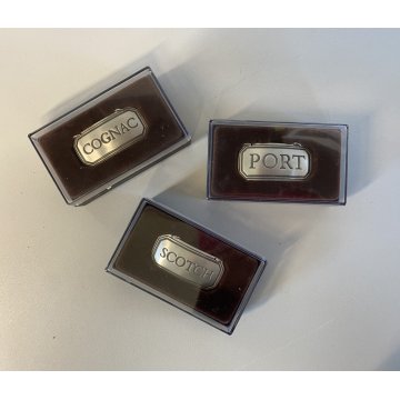 SET 3 ETICHETTE VINTAGE BAR CRYSTAL DECANTER LABELS SCOTCH COGNAC PORT PELTRO