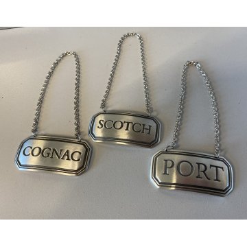 SET 3 ETICHETTE VINTAGE BAR CRYSTAL DECANTER LABELS SCOTCH COGNAC PORT PELTRO