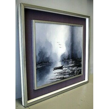 QUADRO DIPINTO OLIO TELA Massimo Cavallari SULLA RIVA PAESAGGIO BARCA NEBBIA '75